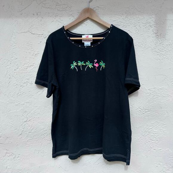 Quacker Factory Palm Tree Flamingo Rhinestone Tee Black Size 1X - Picture 1 of 4
